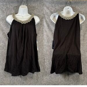 Anne Klein Sleeveless High Neck Top Womens 1X Black Silver Braided Rope Chain